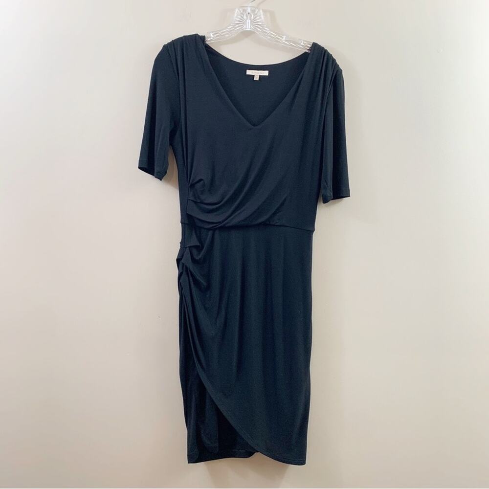 Bordeaux Jersey Knit Ruched Faux Wrap Black Dress